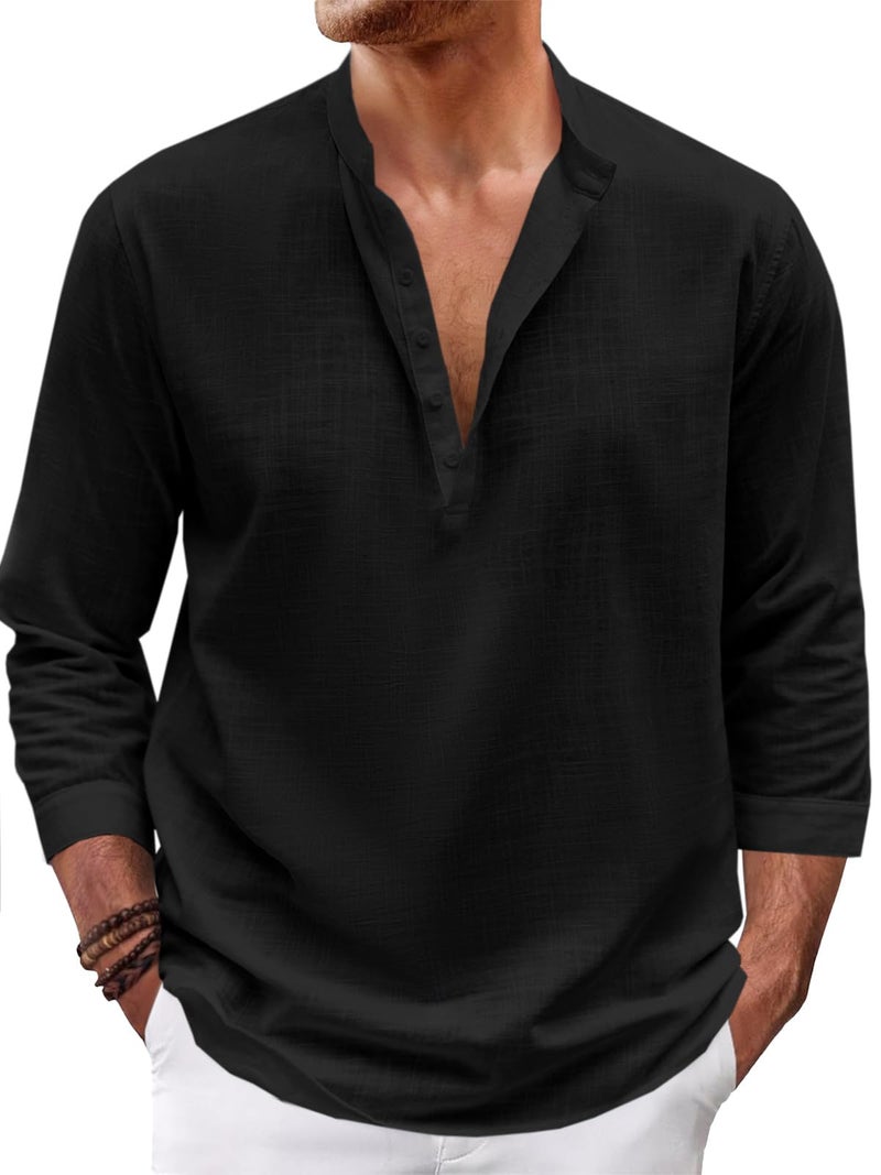 Karlywindow Mens Linen Henley Shirts Long Sleeve Hippie Yoga Summer Beach Casual Henleys T-Shirt Black - Image 1